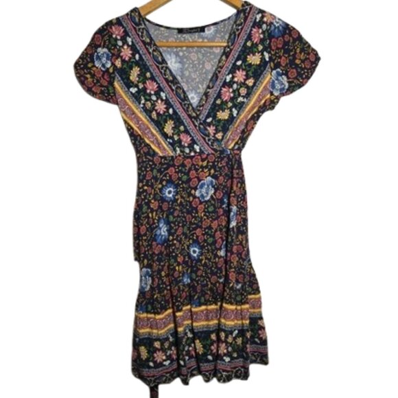 Simplee Apparel Dresses & Skirts - Simplee Bohemian Mixed Print Floral Short Sleeve Mini True Wrap Dress Boho M